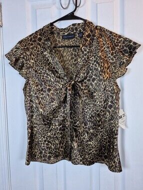 Context Silk Blend Leopard Print Tie-Neck Blouse Size 8 Y2K Glamour NEW